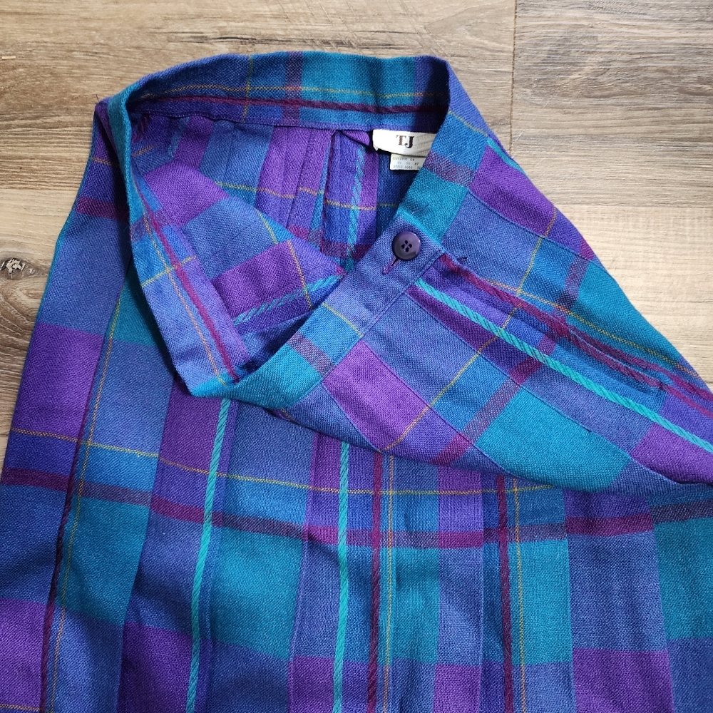 VTG 1987 TJ Thermo Jac Pure Wool Pleated Midi Skirt Teal/Purple Plaid Waist 30" - Picture 7 of 10